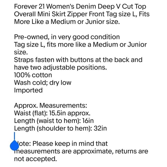 Forever 21 Denim Y2K Overall Mini Skirt Zipper Deep V Top Size L Fits M /Junior - Picture 5 of 12